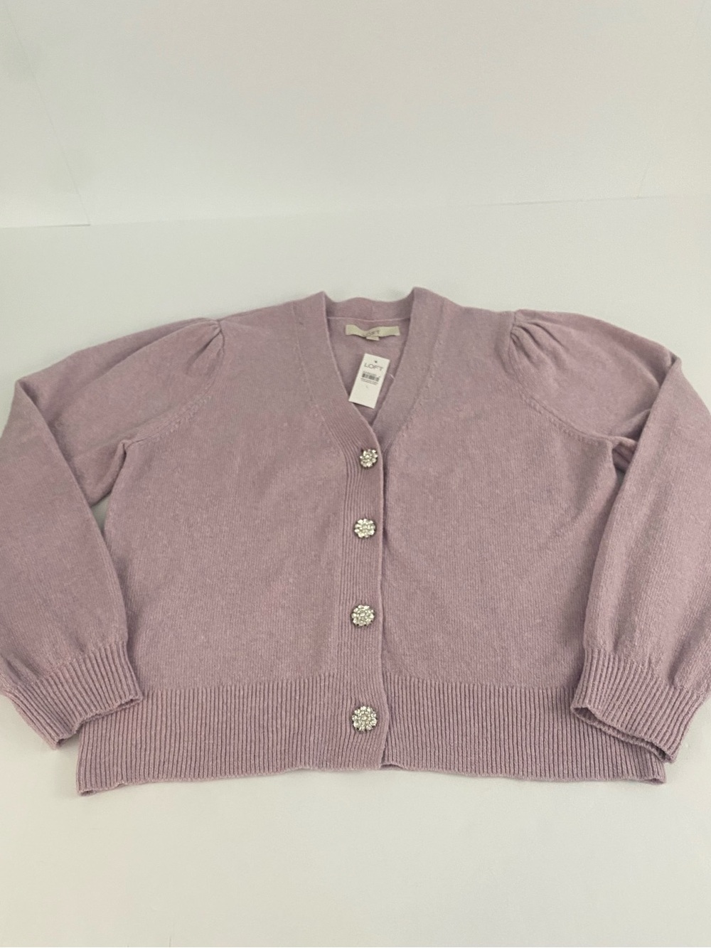 NWT LOFT Women Large Dusty Lavender Cardigan Sweater Jeweled Buttons Puff Sleeve